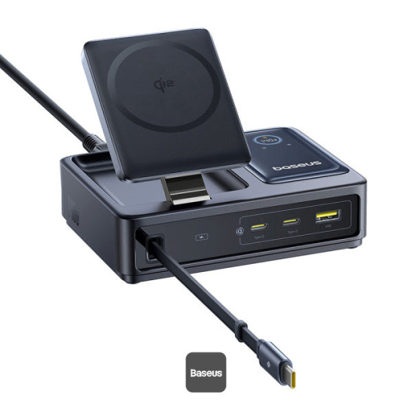 Baseus Nomos 5-in-1 Qi2 Desktop Charger with 100W Retractable Type-C Cable & 15W MagSafe Wireless Charging – UK Plug - Black