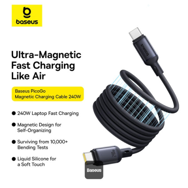 Baseus PicoGo 240W Magnetic Fast Charging USB-C Cable Type-C to Type-C 480Mbps Liquid Silicone Cable 1M - Black