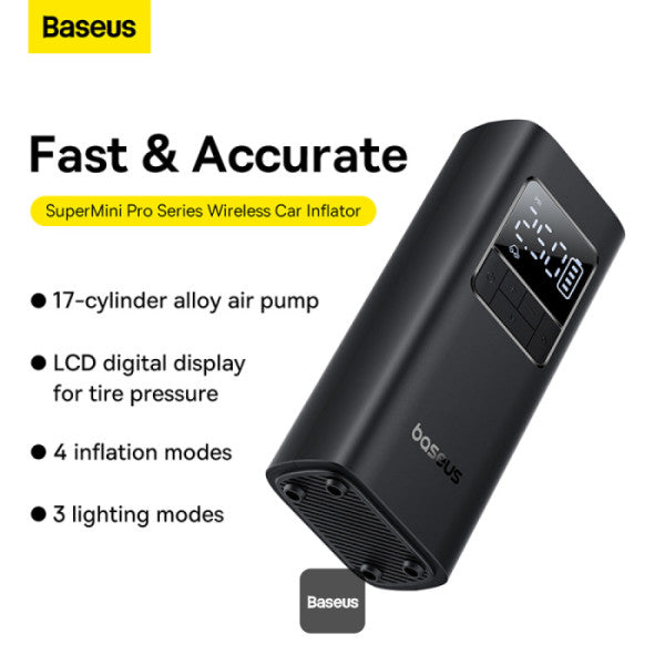 Baseus SuperMini Pro Car Tire Wireless Air Pump Inflator 4000mAh Portable Air Compressor For Car Motorcycle Bicycle & Balls - Black