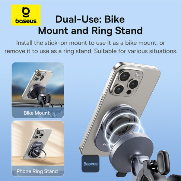 Baseus PrimeTrip Magnetic Bike Phone Holder – 2-in-1 Stick-On Mount & Ring Stand 360° Rotatable Universal Handlebar Fit (20-35mm) - Black