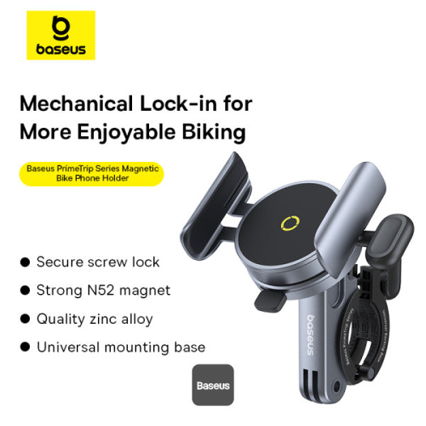 Baseus PrimeTrip Magnetic Bike Phone Holder – 360° Rotatable Durable Zinc Alloy Bike Mount for iPhone 16 Pro Max Fits 20-35mm Handlebars – Black