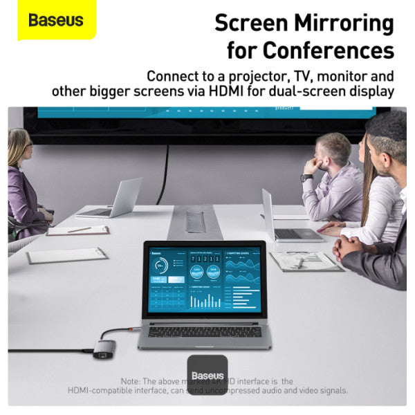 Baseus Metal Gleam Series 6-in-1 USB-C Hub with 100W PD 4K HDMI 3x USB 32 RJ45 1Gbps – Grey