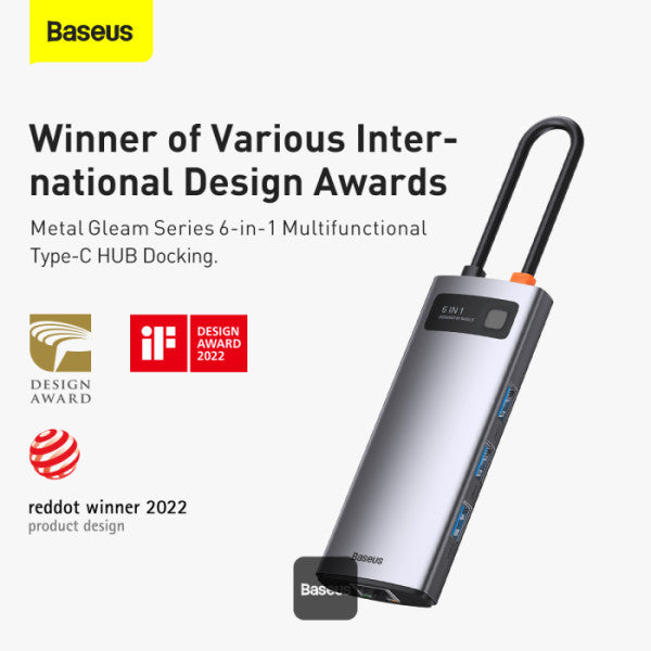 Baseus Metal Gleam Series 6-in-1 USB-C Hub with 100W PD 4K HDMI 3x USB 32 RJ45 1Gbps – Grey
