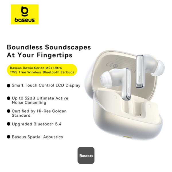 Baseus Bowie M2s Ultra True Wireless Earphones -52dB ANC 4-Mic ENC Smart Display 006s Low Latency Bluetooth 54 – White