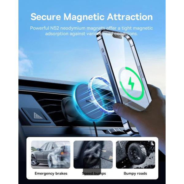 Baseus CW01 Magnetic Wireless Car Charger & Phone Holder 15W MagSafe Fast Charging 25W Type-C 360° Air Vent Mount Secure Grip - Black