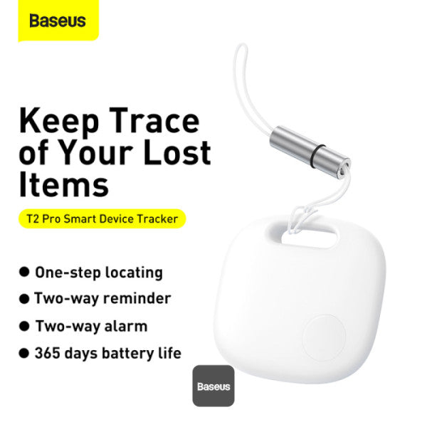 Baseus T2 Pro Bluetooth Key Finder - Anti-Loss Tracker with Replaceable Battery 365-Day Smart Tag for Keys Pets Luggage - iOS & Android - White