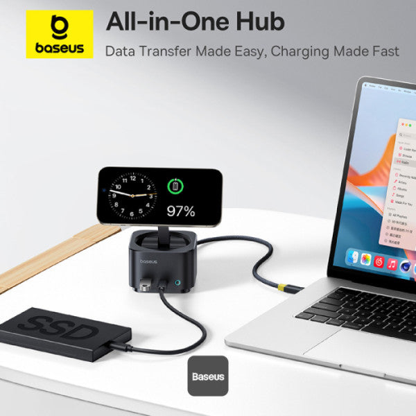 Baseus MagPro Series II 7-in-1 USB-C Hub with 15W Qi2 Wireless Charger 4K@60Hz HDMI 100W PD 10Gbps Ports SD Card Reader – Black