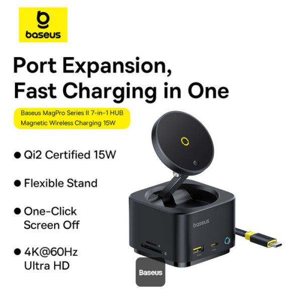 Baseus MagPro Series II 7-in-1 USB-C Hub with 15W Qi2 Wireless Charger 4K@60Hz HDMI 100W PD 10Gbps Ports SD Card Reader – Black