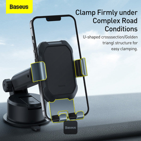 Baseus Tank Gravity Car Mount Holder with Suction Cup – Adjustable Arm One-Hand Operation Strong Suction Base – Compatible 47–65 Phones – Black