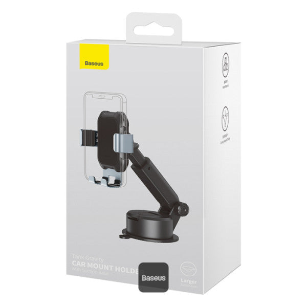 Baseus Tank Gravity Car Mount Holder with Suction Cup – Adjustable Arm One-Hand Operation Strong Suction Base – Compatible 47–65 Phones – Black