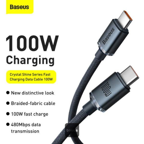 Baseus Crystal Shine Series 100W Fast Charging Cable Type-C to Type-C - 480Mbps Data Cable - 12M - Black