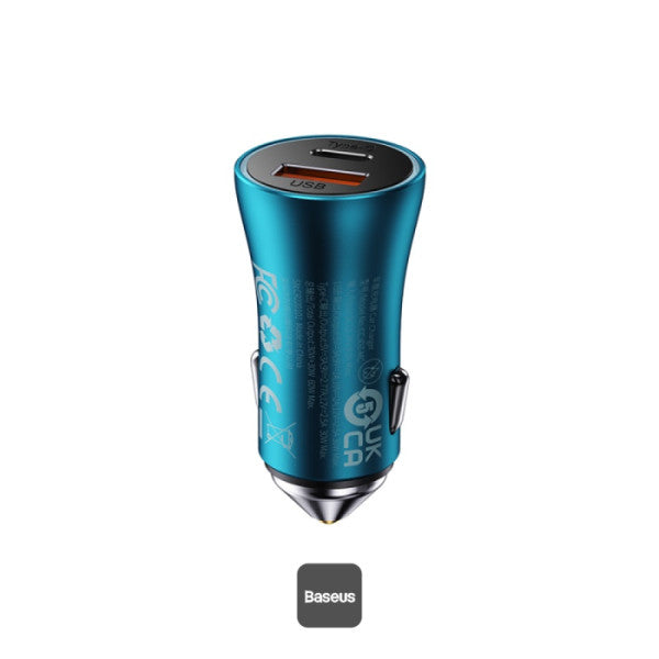 Baseus Golden Contactor Max 60W Car Charger - USB-A & Type-C Dual Fast Charging 12-24V Compatible Safe & Durable Design - Blue