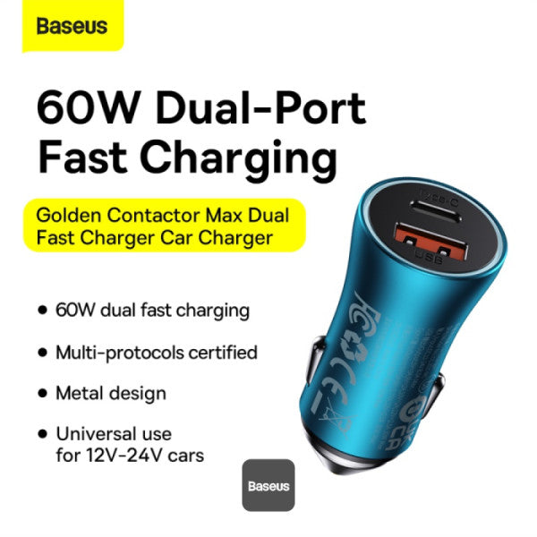 Baseus Golden Contactor Max 60W Car Charger - USB-A & Type-C Dual Fast Charging 12-24V Compatible Safe & Durable Design - Blue