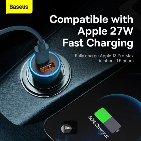 Baseus Golden Contactor Max 60W Car Charger - USB-A & Type-C Dual Fast Charging 12-24V Compatible Safe & Durable Design - Blue