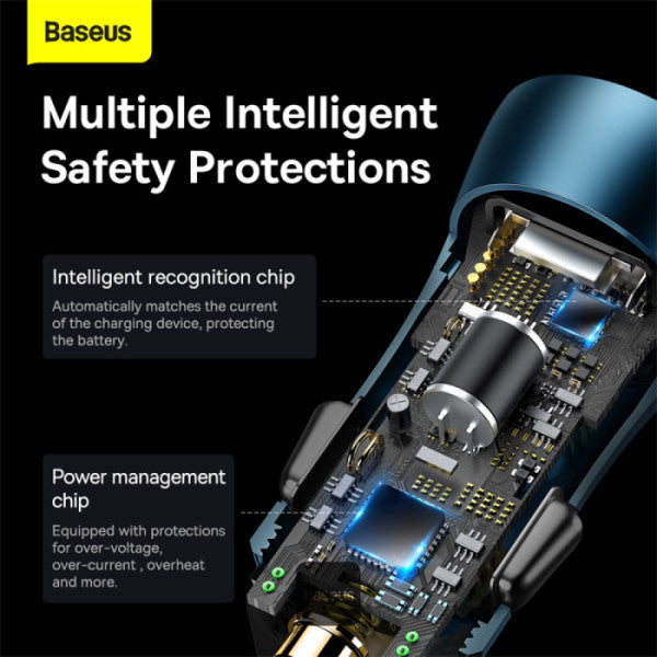 Baseus Golden Contactor Max 60W Car Charger - USB-A & Type-C Dual Fast Charging 12-24V Compatible Safe & Durable Design - Blue