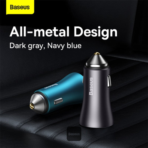Baseus Golden Contactor Max 60W Car Charger - USB-A & Type-C Dual Fast Charging 12-24V Compatible Safe & Durable Design - Blue