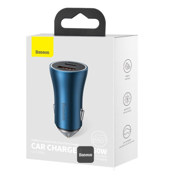 Baseus Golden Contactor Max 60W Car Charger - USB-A & Type-C Dual Fast Charging 12-24V Compatible Safe & Durable Design - Blue