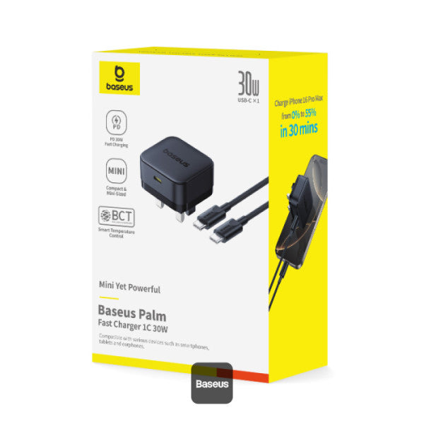 Baseus Palm 30W PD Type-C Fast Charging Wall Charger - UK Plug with Ultra Fast Charging Type-C to Type-C Data Cable 1M - Black