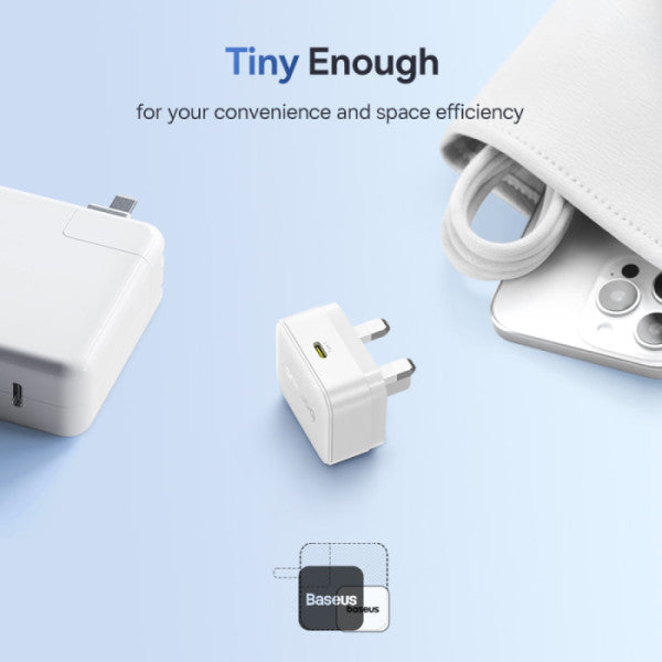Baseus Palm 30W PD Type-C Fast Charging Wall Charger - UK Plug with Ultra Fast Charging Type-C to Type-C Data Cable 1M - White