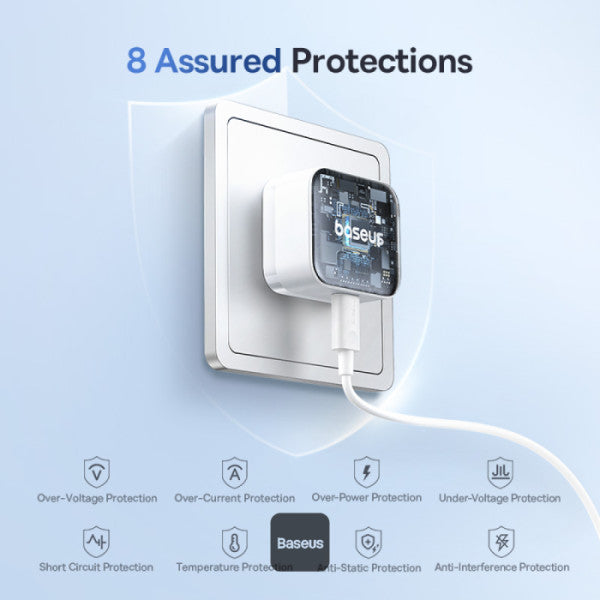 Baseus Palm 30W PD Type-C Fast Charging Wall Charger - UK Plug with Ultra Fast Charging Type-C to Type-C Data Cable 1M - White