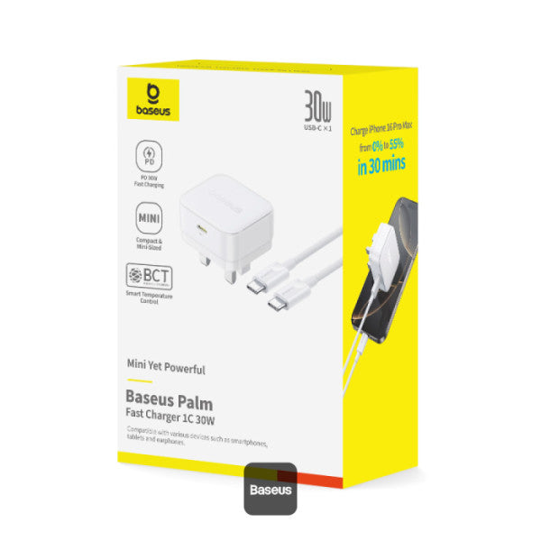 Baseus Palm 30W PD Type-C Fast Charging Wall Charger - UK Plug with Ultra Fast Charging Type-C to Type-C Data Cable 1M - White
