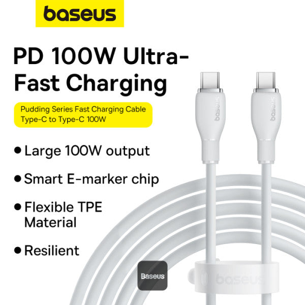 Baseus Pudding Series Fast Charging Cable With High-Speed Data Transmission Type-C to Type-C 100W 5A 2M - White