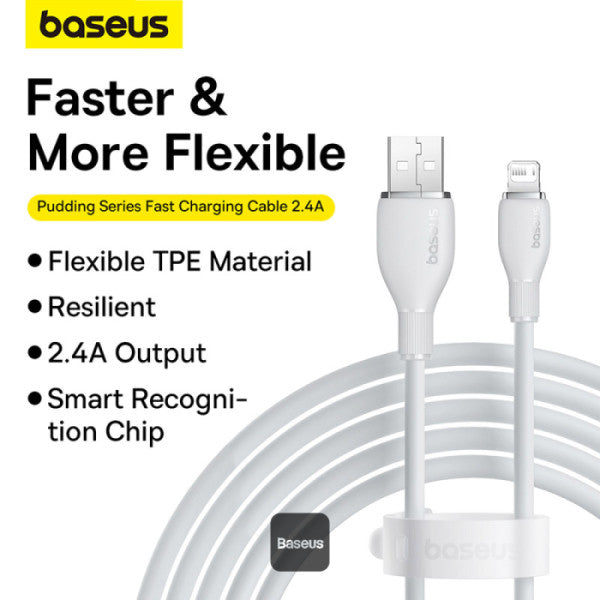 Baseus Pudding Series Fast Charging Cable With High-Speed Data Transmission USB-A to Lightning 20W 24A 2M - White