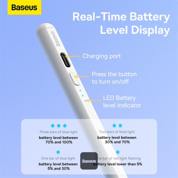 Baseus Smooth Writing 2 Series Stylus with LED Indicators – Type-C Charging Palm Rejection – For iPad Mini 6 Air 4 5 Pro 0–6 Series - White