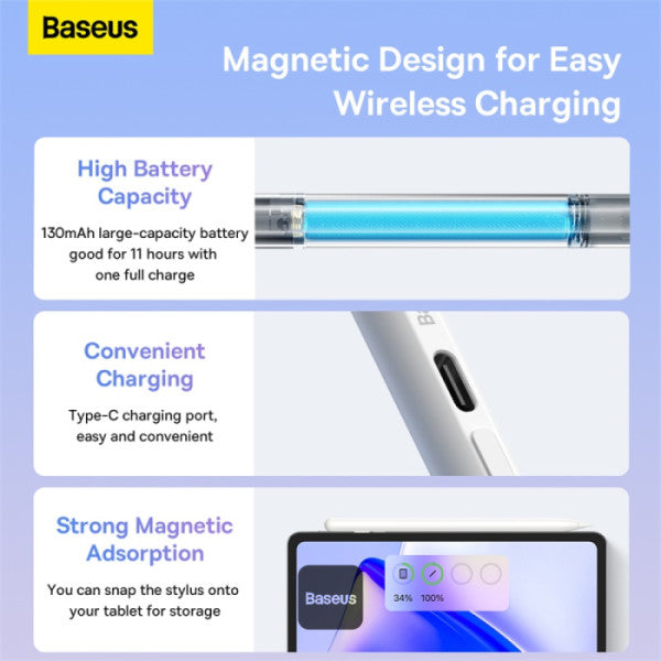 Baseus Smooth Writing 2 Series Stylus with LED Indicators – Type-C Charging Palm Rejection – For iPad Mini 6 Air 4 5 Pro 0–6 Series - White