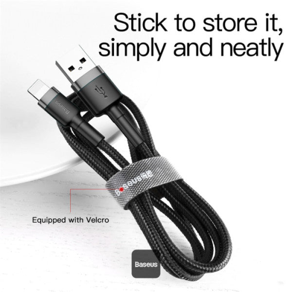 Baseus Cafule Series Cable USB-A to Lightning 15A Fast Charge & 480Mbps High-Speed Data Transfer Nylon Braided 2M - Gray+Black