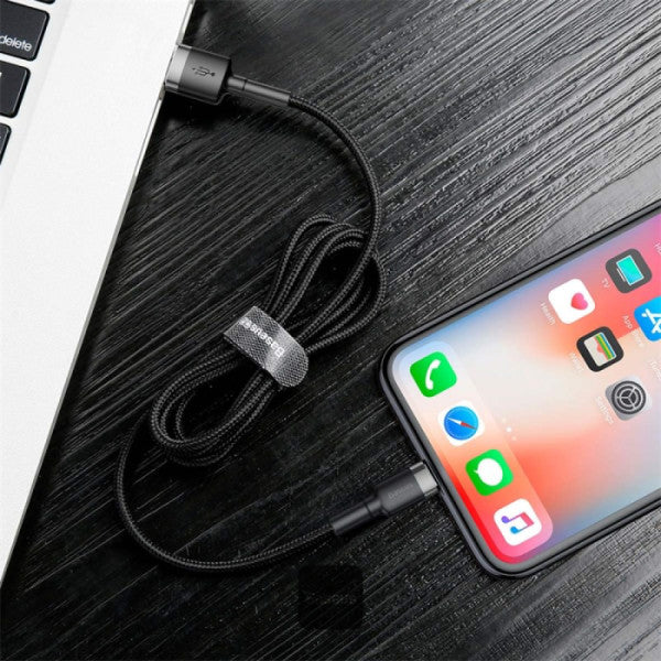 Baseus Cafule Series Cable USB-A to Lightning 15A Fast Charge & 480Mbps High-Speed Data Transfer Nylon Braided 2M - Gray+Black