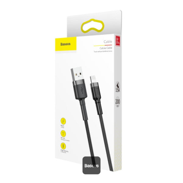 Baseus Cafule Series Cable USB-A to Lightning 15A Fast Charge & 480Mbps High-Speed Data Transfer Nylon Braided 2M - Gray+Black