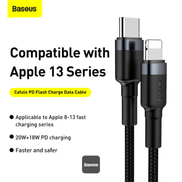 Baseus Cafule Series Cable Type-C to Lightning 20W Fast Charge & 480Mbps High-Speed Data Transfer Nylon Braided 1M - Gray+Black
