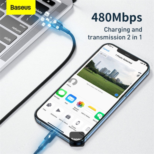 Baseus Cafule Series Cable Type-C to Lightning 20W Fast Charge & 480Mbps High-Speed Data Transfer Nylon Braided 1M - Gray+Black