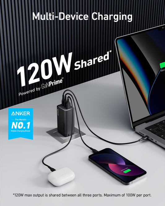 Anker USB C Plug, 737 Charger GaNPrime 120W, PPS 3-Port Fast Wall Charger for MacBook Pro/Air, iPad Pro, Galaxy S22/S21, Dell XPS 13, Note 20/10+, iPhone 16/16 Pro/16 Plus /16 Pro Max, and More