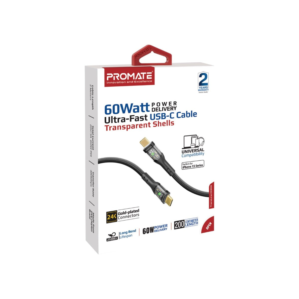 60W Power Delivery Ultra-Fast USB-C Cable with Transparent Shells