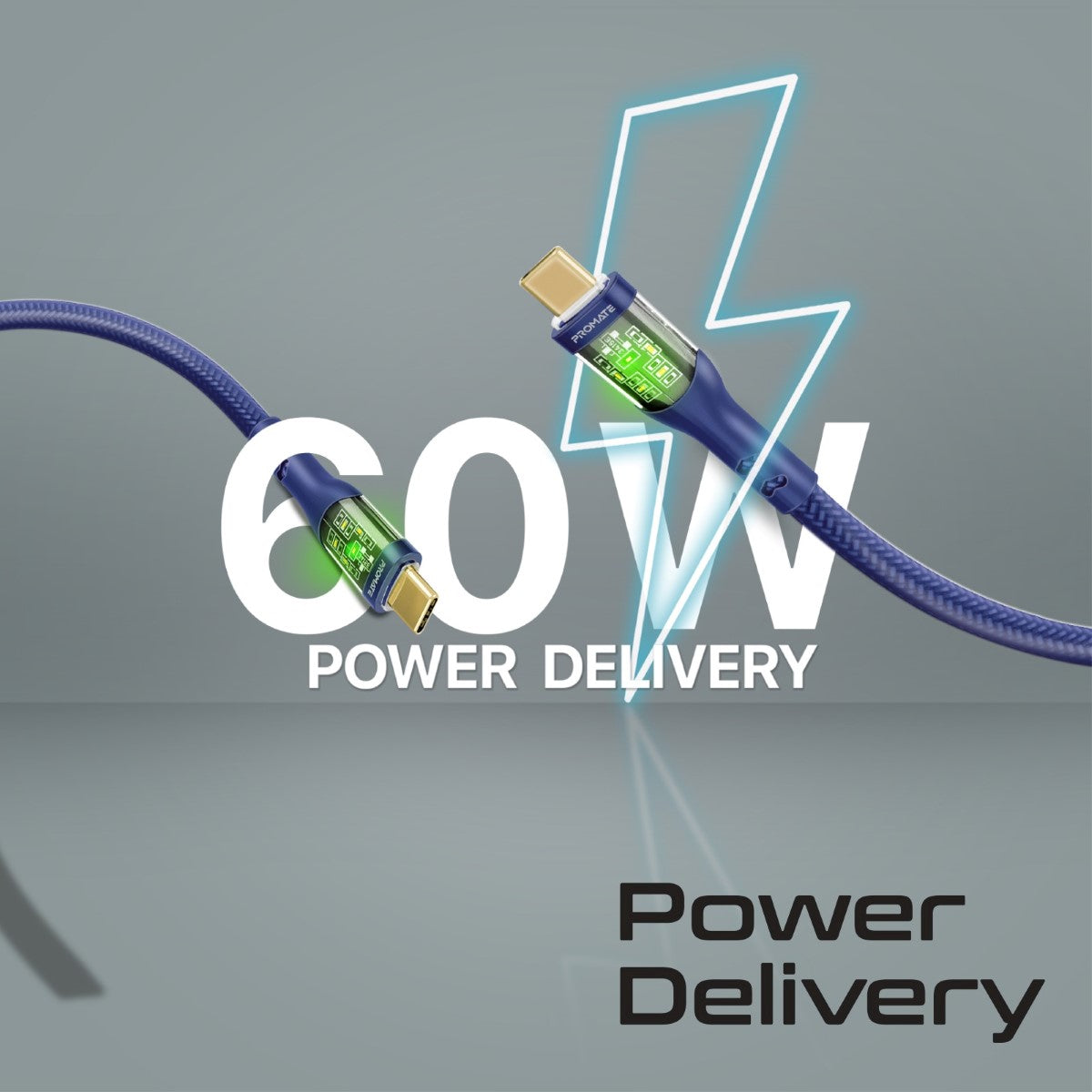 60W Power Delivery Ultra-Fast USB-C Cable with Transparent Shells