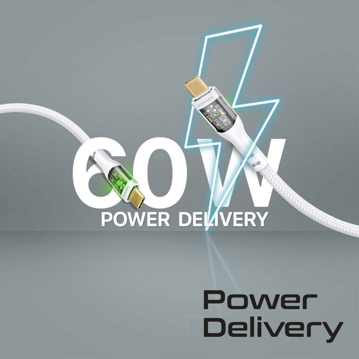 60W Power Delivery Ultra-Fast USB-C Cable with Transparent Shells