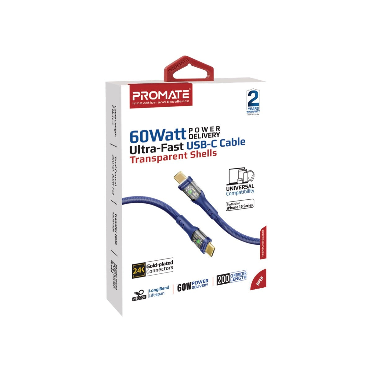 60W Power Delivery Ultra-Fast USB-C Cable with Transparent Shells