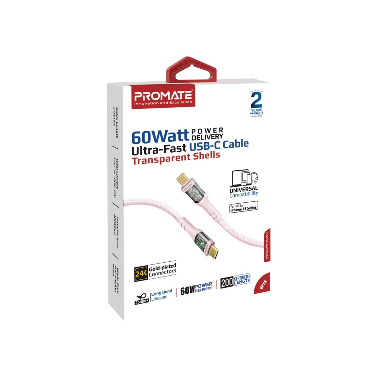 60W Power Delivery Ultra-Fast USB-C Cable with Transparent Shells