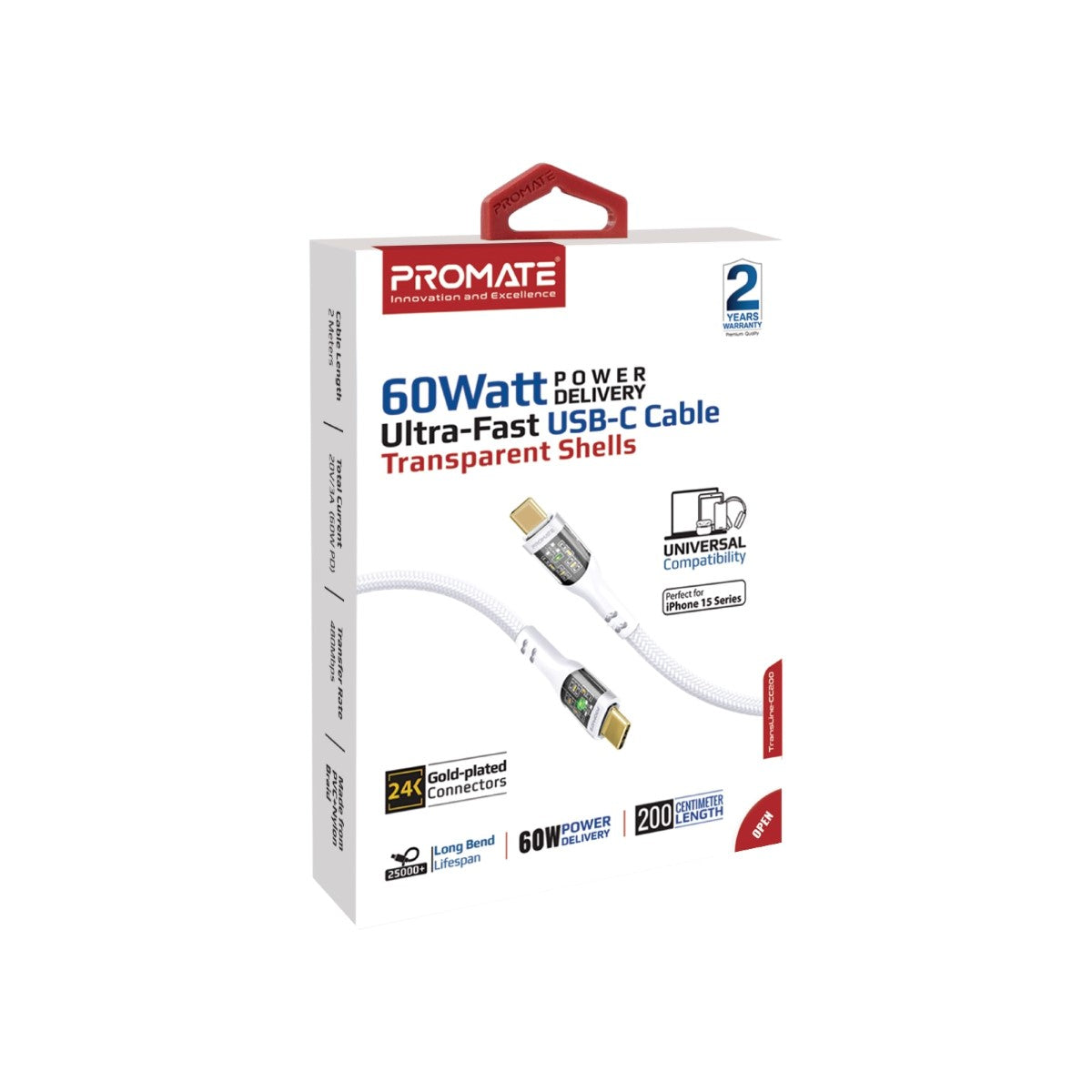 60W Power Delivery Ultra-Fast USB-C Cable with Transparent Shells