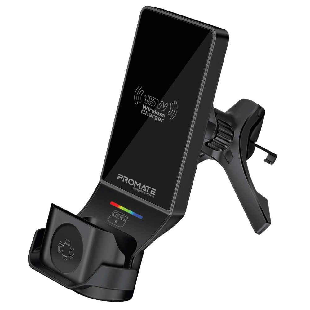 MagDrive-Trio 3-in-1 MagSafe Compatible Car Wireless Charging Station • 15W MagSafe Compatible Charger • 4.5W AirPods Charer • 3.5W Apple Watch Charger • Dashboard & AC Vent Mount