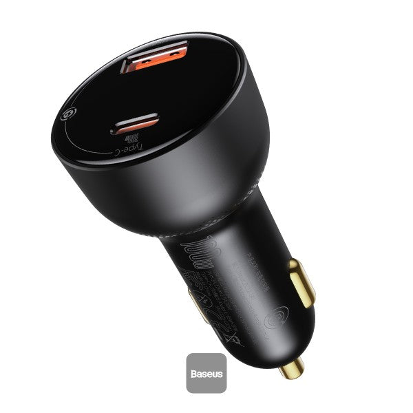 Baseus 100W Car Charger Dual Port USB-A & Type C Quick Charger Digital PPS QC PD 30 Laptop Phone Charger For iPhone Xiaomi - Black