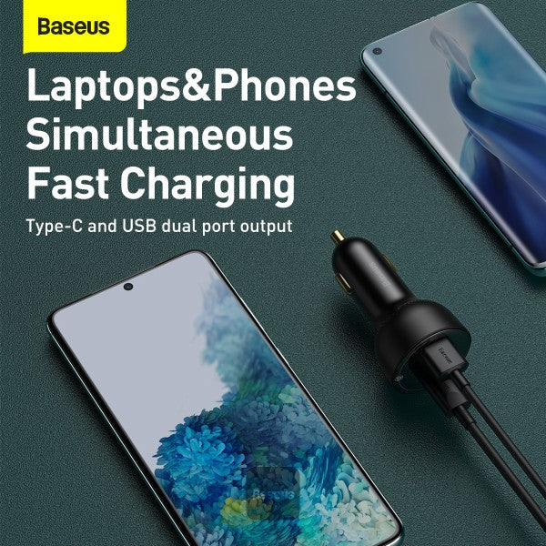 Baseus 100W Car Charger Dual Port USB-A & Type C Quick Charger Digital PPS QC PD 30 Laptop Phone Charger For iPhone Xiaomi - Black