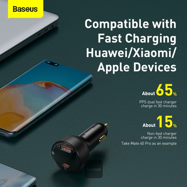 Baseus 100W Car Charger Dual Port USB-A & Type C Quick Charger Digital PPS QC PD 30 Laptop Phone Charger For iPhone Xiaomi - Black