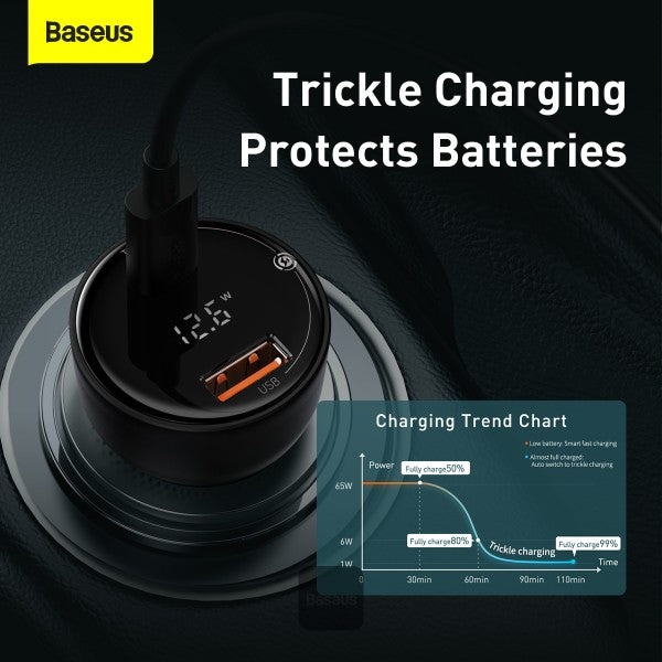 Baseus 100W Car Charger Dual Port USB-A & Type C Quick Charger Digital PPS QC PD 30 Laptop Phone Charger For iPhone Xiaomi - Black