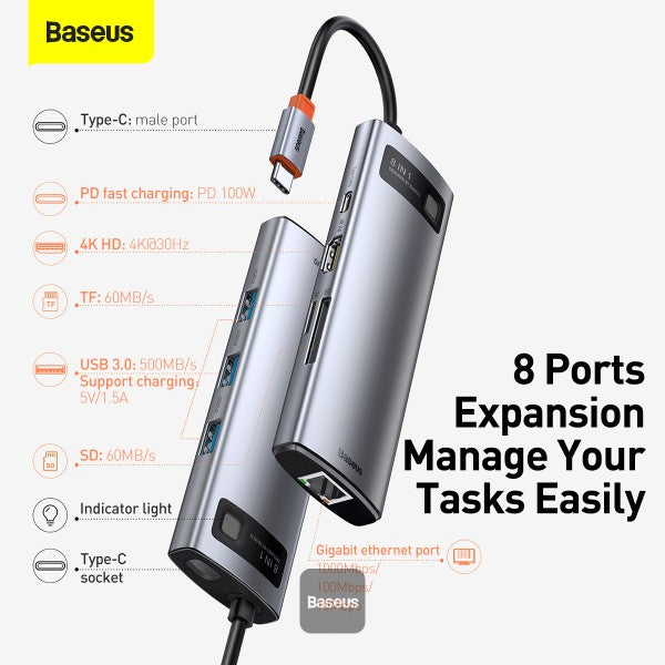 Baseus Metal Gleam Series 8-in-1 Multifunctional Type-C HUB Docking Station - Grey