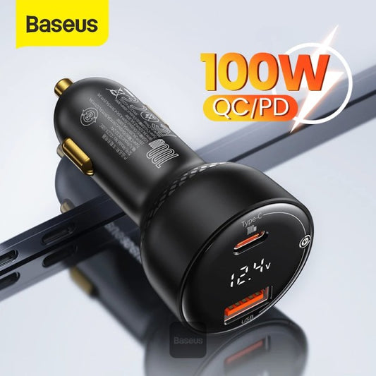 Baseus 100W Car Charger Dual Port USB-A & Type C Quick Charger Digital PPS QC PD 30 Laptop Phone Charger For iPhone Xiaomi - Black