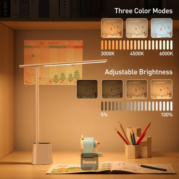 Baseus Smart LED Desk Lamp 5W 250 Lumens Eye-Caring Auto-Dimming Touch Control 3 Color Modes 47 Wide Light for Home Office Bedroom Painting – White