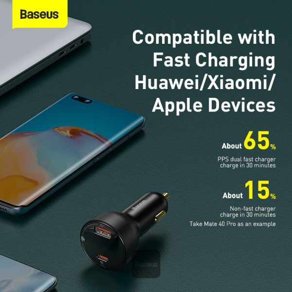 Baseus 100W Car Charger Dual Port USB Type C Quick Charger Digital PPS QC PD 30 Laptop Phone Charger For iPhone 13 12 Xiaomi with Cable